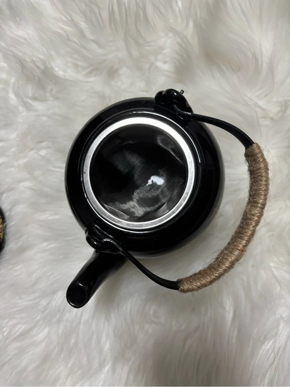 Black and Gold Ceramic Teapot with Woven Handle